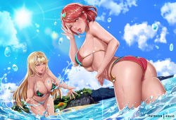 Rule 34 | 2girls, areola slip, ass, bikini, breasts, cleavage, cloud, cloudy sky, commentary, day, english commentary, exlic, large breasts, leaning forward, multiple girls, mythra (xenoblade), nail polish, navel, one eye closed, outdoors, pyra (xenoblade), red bikini, sky, splashing, sun, swimsuit, underboob, white bikini, xenoblade chronicles (series), xenoblade chronicles 2