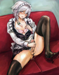 Rule 34 | 1boy, androgynous, black thighhighs, blush, bow, bra, bra pull, braid, clothes pull, couch, crossdressing, genderswap, genderswap (ftm), hair bow, high heels, highres, izayoi sakuya, lace, lace bra, leg up, lingerie, maid headdress, male focus, male masturbation, mary janes, masturbation, nipples, no panties, open clothes, open mouth, open shirt, osakana (denpa yun&#039;yun), penis, pink eyes, pubic hair, shirt, shoes, short hair, silver hair, sitting, skirt, solo, spread legs, sweat, testicles, thighhighs, third-party edit, touhou, twin braids, uncensored, underwear