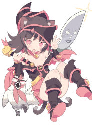 Rule 34 | 1girl, :d, alternate color, animal ears, bare shoulders, bird, black footwear, black hair, black headwear, blade (galaxist), blush, boots, breasts, cat ears, cat girl, cat tail, character request, chicken, cleavage, commentary request, cosplay, dark magician girl, dark magician girl (cosplay), fang, glint, hands up, highres, holding, knife, long hair, long sleeves, looking at viewer, multicolored hair, multiple tails, nekoyama nae, open mouth, pink eyes, pink hair, pink skirt, pleated skirt, shoe soles, short eyebrows, simple background, skirt, small breasts, smile, tail, thick eyebrows, toranoana, two-tone hair, two tails, v, virtual youtuber, white background, yu-gi-oh!