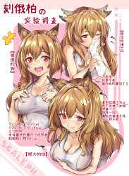 Rule 34 | 1girl, :d, absurdres, animal ears, arknights, blush, braid, breasts, brown hair, ceobe (arknights), character sheet, chinese clothes, chinese commentary, chinese text, cleavage, ear wiggle, fang, highres, licking, long hair, looking at viewer, multiple views, one-piece swimsuit, open mouth, red eyes, scaleph, simplified chinese text, smile, swimsuit, translation request, white one-piece swimsuit
