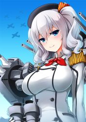 Rule 34 | 10s, 1girl, aircraft, airplane, arm at side, beret, binoculars, black hat, blush, breasts, closed mouth, day, epaulettes, female focus, hair between eyes, hat, kantai collection, kashima (kancolle), large breasts, long hair, long sleeves, looking at viewer, machinery, military, military uniform, silver hair, sky, smile, solo, turret, two side up, uniform, vehicle, wavy hair, yaosera