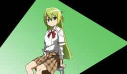 Rule 34 | 1girl, alina gray, aqua eyes, blonde hair, blunt ends, bow, bowtie, brown skirt, buttons, green hair, hair between eyes, layered sleeves, lilya (lilya litvak), long sleeves, looking at viewer, loose bowtie, magia record: mahou shoujo madoka magica gaiden, mahou shoujo madoka magica, multicolored hair, on stool, open mouth, plaid, plaid skirt, pleated skirt, red bow, red bowtie, sakae general school uniform, school uniform, shirt, short over long sleeves, short sleeves, side-tie shirt, sidelocks, single hair ring, sitting, skirt, sleeve cuffs, sleeves rolled up, solo, stool, straight hair, streaked hair, white shirt, wing collar