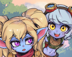 Rule 34 | 2girls, :d, arms behind back, bare shoulders, blonde hair, blue skin, colored skin, crop top, detached sleeves, fang, goggles, goggles on head, grass, league of legends, long hair, looking at viewer, midriff, multiple girls, navel, open mouth, outdoors, phantom ix row, pink eyes, pointy ears, poppy (league of legends), red scarf, scarf, slit pupils, smile, teeth, tree, tristana, twintails, yellow eyes, yordle