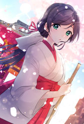 Rule 34 | 1girl, :o, bad id, bad pixiv id, blurry, blurry background, broom, cherry blossoms, green eyes, hair ribbon, highres, japanese clothes, kazepana, long hair, long sleeves, looking at viewer, love live!, love live! school idol festival, love live! school idol project, miko, open mouth, outdoors, petals, ponytail, purple hair, red ribbon, ribbon, sash, solo, temple, temple gate, tojo nozomi, traditional clothes, tree, wide sleeves
