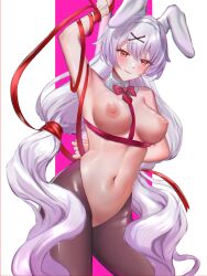 Rule 34 | 1girl, absurdres, animal ears, armpits, bare shoulders, black pantyhose, blush, breasts, clothing cutout, highres, honkai (series), honkai impact 3rd, large breasts, leotard, long hair, navel, nyeppu, pantyhose, playboy bunny, rabbit ears, red eyes, simple background, sleeveless, solo, theresa apocalypse, theresa apocalypse (luna kindred), theresa apocalypse (lunar vow: crimson love), thighs, twintails, variant set, white background, white hair
