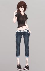 Rule 34 | 1girl, belt, belt buckle, black shirt, breasts, brown eyes, brown hair, buckle, collarbone, full body, grey background, groin, hand in pocket, hand on own shoulder, hand up, highres, looking at viewer, matching hair/eyes, midriff, navel, open mouth, original, pants, pigeon-toed, ru no, shirt, shoes, short hair, sidelocks, simple background, small breasts, smile, sneakers, solo, standing, white belt
