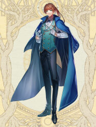 Rule 34 | 1boy, aqua vest, black footwear, black pants, blue cape, brooch, brown hair, buttons, cape, choppy bangs, collared shirt, cross tie, dairoku ryouhei, double-breasted, dress shirt, full body, gloves, gold trim, green eyes, half gloves, highres, holding, holding wand, jewelry, layered clothes, long hair, long sleeves, looking at viewer, male focus, monk shoes, nogawaina, official art, pants, ponytail, shirt, shoes, smile, solo, standing, tailcoat, vest, wand, white gloves, white shirt