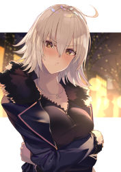 Rule 34 | 1girl, ahoge, blush, breasts, closed mouth, coat, crossed arms, facing viewer, fate/grand order, fate (series), fur-trimmed coat, fur trim, hair between eyes, highres, jacket, jeanne d&#039;arc (fate), jeanne d&#039;arc alter (fate), jeanne d&#039;arc alter (ver. shinjuku 1999) (fate), jewelry, large breasts, long sleeves, looking at viewer, necklace, official alternate costume, pout, shirt, short hair, silver hair, solo, soupchan, wicked dragon witch ver. shinjuku 1999, yellow eyes