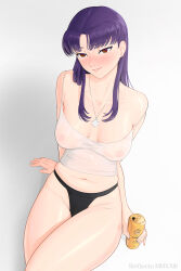 Rule 34 | 1girl, absurdres, beer can, black panties, breasts, brown eyes, can, cross, cross necklace, drink can, drunk, highres, holding, holding can, jewelry, katsuragi misato, long hair, looking at viewer, necklace, neon genesis evangelion, panties, purple hair, see-through, sin quota, solo, underwear, white background
