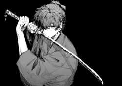 Rule 34 | 1boy, black background, command spell, diiuclove, fate/samurai remnant, fate (series), fighting stance, greyscale, holding, holding sword, holding weapon, japanese clothes, katana, kimono, male focus, miyamoto iori (fate), monochrome, sword, weapon