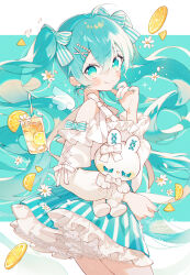Rule 34 | 1girl, ahoge, aqua background, aqua eyes, aqua hair, aqua nails, aqua skirt, arm at side, bare shoulders, blush, bow, bow earrings, chromatic aberration, commentary, cowboy shot, cross-laced clothes, cross-laced sleeves, cup, daisy, dot nose, drink, drinking glass, drinking straw, earrings, finger to own chin, flower, food, frilled shirt, frills, from side, fruit, hair between eyes, hair bow, hair ornament, hairclip, hand up, hatsune miku, heart, heart earrings, highres, holding, holding stuffed toy, ice, ice cube, jewelry, lemon, lemon slice, long hair, long sleeves, looking at viewer, looking to the side, nail polish, off-shoulder shirt, off shoulder, petals, petticoat, shirt, signature, skirt, sleeve bow, smile, solo, sparkle, striped bow, striped clothes, striped skirt, stuffed animal, stuffed rabbit, stuffed toy, twintails, uekura eku, vertical-striped clothes, vertical-striped skirt, vocaloid, white bow, white flower, white shirt