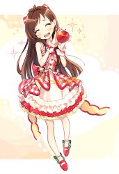 Rule 34 | 1girl, :d, ahoge, ankle strap, apple, back bow, blunt ends, blush, bow, brown hair, buttons, closed eyes, dress, food, frilled dress, frills, fruit, hair bow, heart button, highres, holding, holding food, holding fruit, idolmaster, idolmaster cinderella girls, idolmaster cinderella girls starlight stage, layered dress, long hair, mameyanagi, open mouth, short bangs, smile, socks, solo, sparkle, tsujino akari, very long hair, wrist cuffs