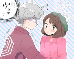 Rule 34 | 1boy, 1girl, ahoge, bede (pokemon), black eyes, blush, bob cut, brown eyes, brown hair, buttons, closed mouth, coat, collared dress, commentary request, creatures (company), curly hair, dress, eye contact, game freak, gloria (pokemon), green headwear, grey hair, hat, highres, looking at another, nintendo, no cardigan, parted lips, pink dress, pokemon, pokemon swsh, shaded face, short hair, sweat, tam o&#039; shanter, tearing up, translation request, yja61