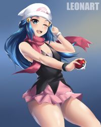 Rule 34 | 1girl, bare legs, bare shoulders, beanie, blue eyes, blue hair, breasts, creatures (company), curvy, dawn (pokemon), game freak, gradient background, hat, highres, leonart, nintendo, open mouth, pink skirt, pokemon, pokemon dppt, scarf, shiny skin, simple background, skirt, small breasts, smile, solo