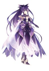 Rule 34 | 1girl, armor, armored boots, armored dress, black dress, black gloves, boots, breasts, cape, choker, cleavage, date a live, detached sleeves, dress, faulds, floating hair, full body, gloves, gradient hair, hair ornament, heterochromia, high heel boots, high heels, highres, long hair, looking at viewer, medium breasts, multicolored hair, pauldrons, pink eyes, purple eyes, purple hair, shiny skin, shoulder armor, simple background, skirt, skirt under dress, solo, tsunako, very long hair, white background, white cape, white skirt, yatogami tooka