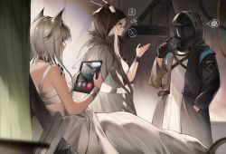Rule 34 | 1other, 2girls, ambiguous gender, animal ears, arknights, bandaged chest, bandages, black choker, black cloak, black coat, black gloves, cat ears, cat girl, chinese commentary, choker, cloak, coat, commentary request, demon horns, doctor (arknights), gloves, highres, holding, holding tablet pc, hood, hood up, hooded cloak, hooded coat, horns, horns through headwear, horns through hood, kal&#039;tsit (arknights), material growth, medium hair, multiple girls, oripathy lesion (arknights), rhodes island logo (arknights), shining (arknights), sidelocks, speech bubble, tabayashi, tablet pc, talking, torn cloak, torn clothes, white hair