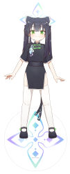 Rule 34 | 1girl, absurdres, animal ears, black dress, black footwear, black hair, blue archive, blue halo, blush, chinese clothes, closed mouth, dress, extra ears, flat chest, full body, green eyes, halo, highres, long hair, looking at viewer, mountain han, shoes, short sleeves, shun (blue archive), shun (small) (blue archive), simple background, smile, solo, thighhighs, two side up, white background, white thighhighs