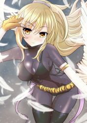 Rule 34 | 1girl, bikini, black bikini, black choker, black thighhighs, blonde hair, bodystocking, breasts, choker, claws, cleavage, commentary request, duel monster, feathers, hair between eyes, harpie dancer, harpy, highres, large breasts, long hair, looking at viewer, monster girl, navel, ponytail, smile, solo, swimsuit, thighhighs, usuba kagerou, white wings, winged arms, wings, yu-gi-oh!