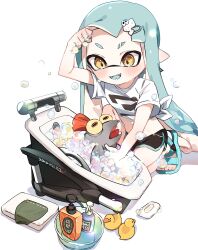 Rule 34 | 1girl, :d, absurdres, arm up, bar soap, bath, bathing, black shorts, bloblobber (splatoon), blue footwear, blue hair, blue tongue, blush, bottle, bubble, bubble bath, colored tongue, commentary request, eyebrow cut, hair ornament, hairclip, highres, ika esu, inkling, inkling girl, inkling player character, knee up, kneeling, long hair, nintendo, open mouth, pointy ears, rubber duck, salmonid, sandals, shampoo bottle, shirt, short eyebrows, short shorts, short sleeves, shorts, sidelocks, simple background, smallfry (splatoon), smile, soap bottle, splatoon (series), t-shirt, tentacle hair, tied shirt, toes, tongue, towel, v-shaped eyebrows, very long hair, washbowl, white background, white shirt, yellow eyes