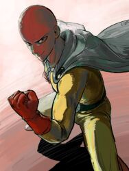 Rule 34 | 1boy, backlighting, bald, belt, black belt, black eyes, bodysuit, cape, clenched hand, closed mouth, commentary request, gloves, looking at viewer, male focus, one-punch man, red gloves, saitama (one-punch man), sakon 8, smile, solo, white cape, yellow bodysuit