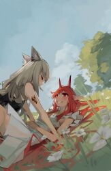 Rule 34 | 2girls, :d, absurdres, animal ear fluff, animal ears, arknights, bare shoulders, black shirt, blue sky, blush, closed eyes, day, dress, fox ears, frostleaf (arknights), grey hair, hand on own stomach, highres, horns, knees up, long hair, looking at another, lying, material growth, multiple girls, on back, on grass, on ground, open mouth, oripathy lesion (arknights), outdoors, parted lips, pointy ears, red eyes, red hair, shirt, sky, sleeveless, sleeveless dress, sleeveless shirt, smile, sundress, togekk0, very long hair, vigna (arknights), white dress, yuri