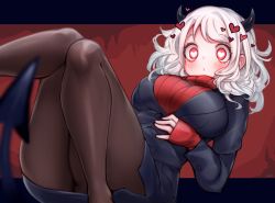 Rule 34 | 1girl, absurdres, black horns, blush, breasts, demon girl, demon horns, demon tail, heart, heart-shaped pupils, helltaker, highres, horns, large breasts, long sleeves, modeus (helltaker), pantyhose, pencil skirt, red eyes, red sweater, shirt, short hair, skirt, sleeves past wrists, solo, sukemyon, sweater, symbol-shaped pupils, tail, turtleneck, white hair
