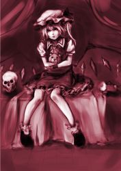 Rule 34 | 1girl, bad id, bad pixiv id, dress, expressionless, flandre scarlet, hat, hat ribbon, highres, holding, lisitsa, mob cap, monochrome, open mouth, red eyes, red theme, ribbon, short hair, short sleeves, side ponytail, sitting, skull, socks, solo, stuffed animal, stuffed toy, teddy bear, touhou, wings