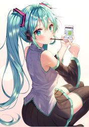 Rule 34 | 1girl, absurdres, aina 156cm, aqua eyes, aqua hair, bare shoulders, black footwear, black skirt, black sleeves, blush, boots, cellphone, detached sleeves, food, food in mouth, from behind, green nails, grey shirt, hatsune miku, headphones, highres, holding, holding phone, huge filesize, long hair, long sleeves, looking at viewer, looking back, miniskirt, mouth hold, nail polish, phone, pink lips, pleated skirt, pocky, shirt, sitting, skirt, smartphone, solo, thigh boots, thighhighs, twintails, very long hair, vocaloid, whatsapp, zettai ryouiki