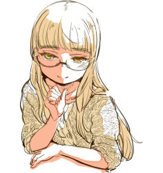 Rule 34 | 1girl, aran sweater, blonde hair, blunt bangs, cable knit, glasses, long hair, looking at viewer, mune, perrine h. clostermann, simple background, solo, strike witches, sweater, white background, world witches series, yellow eyes