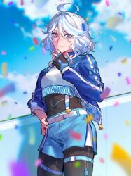 Rule 34 | 1girl, ahoge, alternate costume, belt, black gloves, black pantyhose, black undershirt, blue eyes, blue hair, blue jacket, blue shorts, blue sky, blurry, blurry background, closed mouth, clothes writing, cloud, collared jacket, commentary, confetti, crop top, drop-shaped pupils, english commentary, fingerless gloves, furina (genshin impact), genshin impact, gloves, hair between eyes, hand on own hip, hand up, heterochromia, highres, jacket, keibleh, light blue hair, light smile, mismatched pupils, multicolored hair, open clothes, open jacket, outdoors, pantyhose, race queen, short hair, short shorts, shorts, side slit, sky, solo, standing, symbol-shaped pupils, white belt, white hair