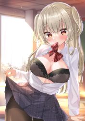 Rule 34 | 1girl, absurdres, black pantyhose, blonde hair, blush, bow, bra, breasts, classroom, closed mouth, clothes lift, collared shirt, cowboy shot, hamico, highres, in mouth, indoors, large breasts, long hair, long sleeves, looking at viewer, open clothes, open shirt, original, pantyhose, plaid, plaid skirt, pleated skirt, red eyes, school uniform, shirt, shirt tucked in, short twintails, skirt, skirt lift, smile, solo, twintails, underwear, uniform, white shirt