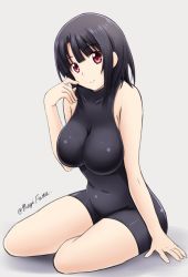 Rule 34 | 10s, 1girl, alternate costume, arm support, bare shoulders, black hair, blunt bangs, bodysuit, breasts, closed mouth, collarbone, covered navel, finger to cheek, from side, full body, fuuma nagi, grey background, halterneck, hand up, head tilt, impossible clothes, kantai collection, large breasts, light smile, looking at viewer, parted bangs, red eyes, shadow, short hair, simple background, sitting, skin tight, smile, solo, takao (kancolle), thighs, turtleneck, twitter username, unitard, yokozuwari
