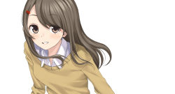 Rule 34 | 1girl, blush, brown eyes, brown hair, couzone, hair ornament, hairclip, highres, long hair, looking at viewer, original, shirt, smile, solo, sweater, upper body