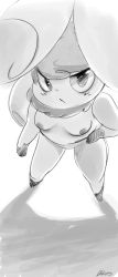 Rule 34 | 1girl, artist name, blush, breasts, creatures (company), diives, from above, furry, furry female, game freak, gen 6 pokemon, greyscale, half-closed eyes, hand on own hip, legs apart, looking at viewer, looking up, meowstic, meowstic (female), monochrome, nintendo, nipples, pokemon, pokemon (creature), pokemon xy, signature, simple background, sketch, small breasts, solo, standing, tail, text focus, white background