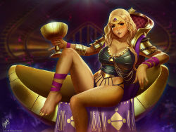 Rule 34 | 1girl, armor, blonde hair, breastplate, breasts, brown eyes, calus (destiny), cape, chalice, colored skin, cup, destiny (game), feet, forehead jewel, genderswap, genderswap (mtf), highres, holding, holding cup, jewelry, knee up, large breasts, leg up, legs together, leotard, nail polish, orange skin, pinky out, ring, sitting, solo, themaestronoob, throne