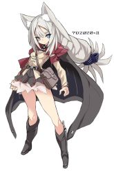 Rule 34 | 1girl, 7th dragon (series), 7th dragon 2020, 7th dragon 2020-ii, animal ear fluff, animal ears, armband, black cape, black footwear, black skirt, blue eyes, boots, braid, breasts, brown shirt, cape, closed mouth, copyright request, grey hair, highres, karukan (monjya), long hair, long sleeves, looking at viewer, pleated skirt, shirt, short eyebrows, simple background, single braid, skirt, small breasts, solo, thick eyebrows, very long hair, white background