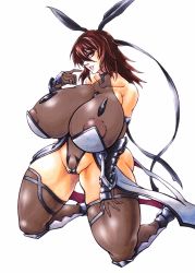 Rule 34 | 00s, 1girl, ass, bare shoulders, black leotard, black thighhighs, breasts, brown eyes, brown hair, cameltoe, cleavage, covered collarbone, female focus, full body, gauntlets, gigantic breasts, gluteal fold, groin tendon, hair ribbon, hand up, head tilt, high heels, highleg, highleg leotard, highres, kneeling, large areolae, legs, leotard, lilith-soft, long hair, looking at viewer, medium hair, mizuki shiranui, nipples, parted lips, partially visible vulva, puffy areolae, ribbon, shiny skin, smile, solo, taimanin (series), taimanin asagi, taimanin yukikaze, thick thighs, thighhighs, thighs, thong leotard, traditional media, wrato
