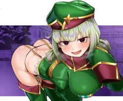 Rule 34 | 1girl, araga kiwi, ass, black panties, blush, boots, breasts, butt crack, coat, double bun, green hair, green hat, green jacket, green sleeves, hair bun, hat, highres, jacket, leoparde (mahou shoujo ni akogarete), looking at viewer, mahou shoujo ni akogarete, military coat, military hat, military jacket, mole, mole under eye, open mouth, panties, simple background, smile, solo, thigh boots, twogie, underwear, very long sleeves