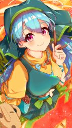 Rule 34 | 1girl, apron, blue hair, blush, chilwell seele, chisel, closed mouth, dress, flower, green apron, hair between eyes, haniwa (statue), haniyasushin keiki, head scarf, highres, holding, jewelry, long hair, magatama, magatama necklace, necklace, pink eyes, short sleeves, single strap, smile, solo, touhou, upper body, white flower, wood carving tool, yellow dress