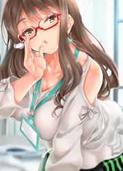Rule 34 | 1girl, :o, bare shoulders, blush, breasts, brown eyes, brown hair, cle masahiro, cleavage, collarbone, copyright request, curly hair, earrings, eyelashes, glasses, green nails, hair ornament, hand up, hayama mido, highres, jewelry, large breasts, lips, long hair, looking at viewer, mole, mole under eye, nail polish, name tag, o-ring, short sleeves, solo, virtual youtuber
