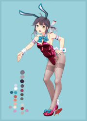 Rule 34 | 1girl, adapted costume, ahoge, alternate costume, animal ears, aqua bow, aqua bowtie, bad id, bad twitter id, blue background, bow, bowtie, color guide, detached collar, fishnet pantyhose, fishnets, grey background, grey hair, hair ribbon, hayanami (kancolle), kantai collection, leaning forward, leotard, moke ro, pantyhose, playboy bunny, ponytail, purple leotard, rabbit ears, rabbit tail, ribbon, short hair, sidelocks, smile, solo, strapless, strapless leotard, tail, thighband pantyhose, white ribbon, wrist cuffs