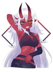 Rule 34 | 1girl, absurdres, akumi (yoclesh), arm behind head, armpits, bare shoulders, black nails, breasts, cleavage, colored skin, crop top, cropped torso, demon girl, fingernails, grey hair, grin, highres, horns, large breasts, long hair, looking at viewer, nail polish, nyaivie, oni, orange eyes, pointy ears, red horns, red skin, sharp fingernails, skin-covered horns, smile, solo, teeth, transparent background, virtual youtuber, vyugen