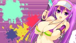Rule 34 | 1girl, artist request, beatmania, beatmania iidx, bikini, breasts, cleavage, cross, cross necklace, female focus, hat, headphones, highres, jewelry, large breasts, long hair, mizushiro celica, necklace, open mouth, paintbrush, purple eyes, purple hair, smile, solo, swimsuit, twintails, wallpaper