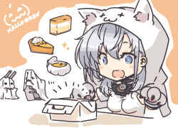 Rule 34 | 1girl, alternate costume, animal hands, animal hood, box, cake, chou-10cm-hou-chan (suzutsuki&#039;s), commentary request, food, ghost, gloves, grey eyes, halloween, halloween costume, hood, kantai collection, long hair, nakadori (movgnsk), open mouth, paw gloves, pie, silver hair, smile, suzutsuki (kancolle), upper body
