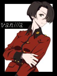 Rule 34 | 1girl, black border, black hair, border, character name, closed mouth, commentary, earrings, frown, girls und panzer, green eyes, hand on own arm, jacket, jewelry, long sleeves, looking at viewer, military uniform, oritako, outside border, red jacket, short hair, skirt, solo, st. gloriana&#039;s military uniform, stud earrings, uniform, vanilla (girls und panzer)