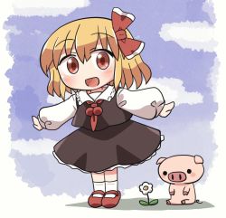 Rule 34 | 1girl, ;o, animal, blonde hair, blush, chibi, cloud, flower, hair ribbon, long sleeves, looking at viewer, neckwear request, one eye closed, open mouth, outstretched arms, pig, puffy sleeves, red eyes, red footwear, red neckwear, ribbon, rokugou daisuke, rumia, skirt, spread arms, standing, touhou, touhou cannonball