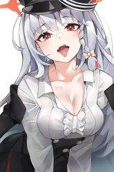 Rule 34 | 1girl, absurdres, black hat, black skirt, blue archive, blush, braid, breasts, cleavage, collared shirt, grey hair, halo, haruna (blue archive), hat, highres, large breasts, long hair, long sleeves, looking at viewer, open mouth, peaked cap, red eyes, red halo, shirt, side braid, simple background, skirt, solo, umber00, white background, white shirt