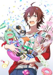 Rule 34 | 10s, 1boy, absurdres, ahoge, amagase touma, ball, belt, bouquet, box, brown hair, carrying, cherry blossoms, confetti, cookie, flower, food, gift, gift box, happy birthday, highres, idolmaster, idolmaster side-m, jewelry, kaerre, charm (object), long sleeves, male focus, money, necklace, nyako (idolmaster), party popper, red shirt, shirt, soccer ball, solo, stuffed toy, taiko no tatsujin, wada katsu