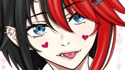 Rule 34 | 1girl, nanashi inc., black hair, blue eyes, breasts, chika h sat, commentary request, ear piercing, facial tattoo, heart, heart tattoo, horns, looking at viewer, multicolored hair, open mouth, piercing, pointy ears, portrait, red hair, ryugasaki rene, solo, sugar lyric, tattoo, tongue, tongue out, tongue piercing, virtual youtuber
