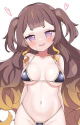 Rule 34 | 1girl, alternate costume, anya melfissa, bikini, black bikini, blunt bangs, blush, breasts, breasts apart, brown hair, cocozasa, collarbone, commentary, commission, curly hair, gradient hair, groin, heart, highres, hololive, hololive indonesia, large breasts, long hair, looking ahead, looking at viewer, micro bikini, multicolored hair, navel, open mouth, orange hair, purple eyes, simple background, smirk, smug, solo, stomach, straight-on, string bikini, swimsuit, thong, two-tone hair, two side up, upper body, v-shaped eyebrows, very long hair, virtual youtuber, white background